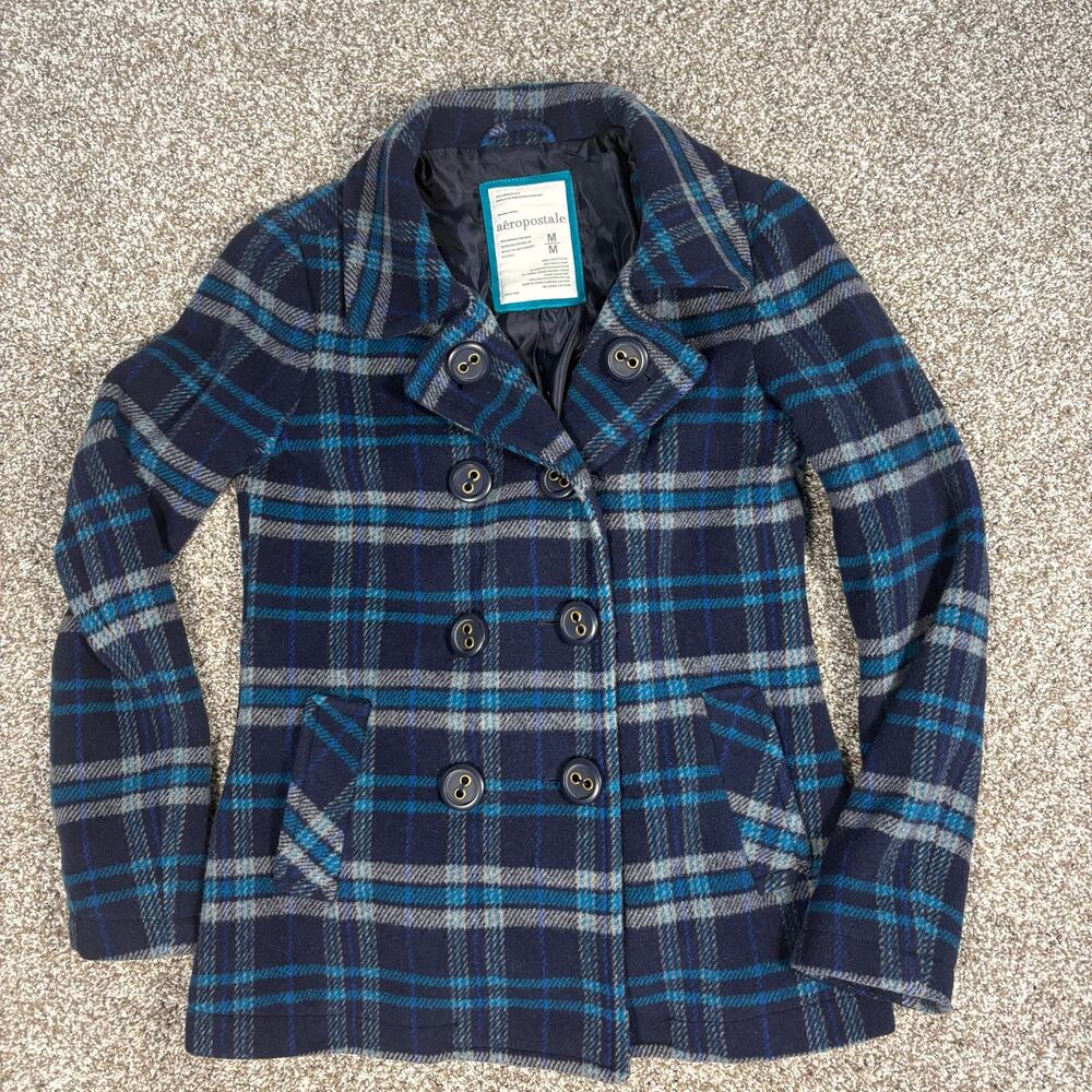 Vintage Y2K Aéropostale Navy Teal Tartan Plaid Double Breasted Peacoat Womens M